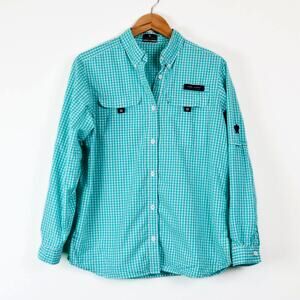 Simply Southern Size M Long Sleeve Button Up Shirt Gingham Check Teal